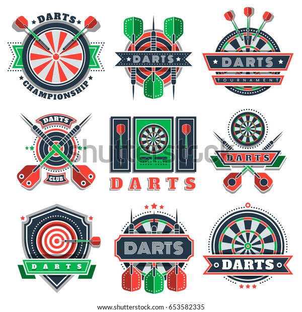 Darts\
sport tournament and championship logo, icons and badges.\
Dartboards, targets and arrows with wings decorated with ribbons,\
stars, dots. Design for darts sport and fan\
clubs.
