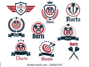 Darts sporting icons and emblems with arrows, target, ribbons, wreaths and decorations