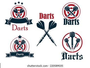 Darts sporting icons, emblems or logo set with arrows, dartboard, ribbon and stars 