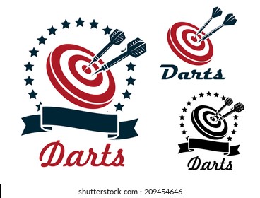 Darts sporting symbols, emblems and icons set with darts, dartboard, ribbon and laurel wreath for sport, sporting logo and leisure design  