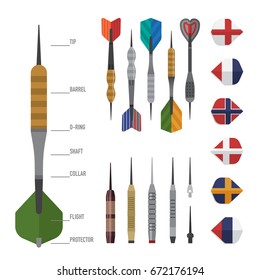Darts structure and elements. Tip and barrow and shaft and flight. Arrow for sport and leisure theme design. Vector illustration art
