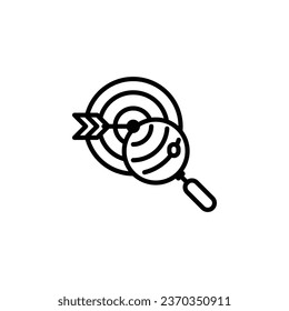 Darts target aim with magnifying glass outline icon. Vector illustration. The isolated icon suits the web, infographics, interfaces, and apps.