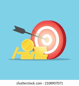 Darts target with coins icon in flat style. Budget deposit vector illustration on isolated background. Strategy achievement sign business concept.