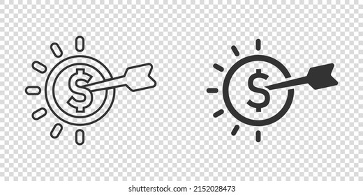 Darts target with dollar icon in flat style. Budget deposit vector illustration on isolated background. Strategy achievement sign business concept.