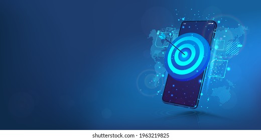 Darts target on smartphone display. The concept of success, achieving goals and in the direction and development of a company, startup or mobile App. Business target, success, accuracy concept. Vector