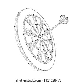 Darts target and stuck a dart from abstract futuristic polygonal black lines and dots. Vector illustration.