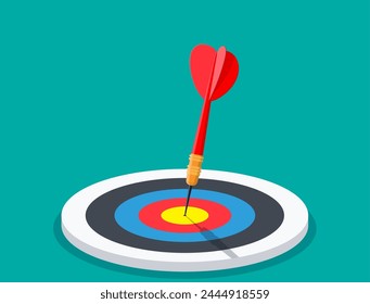 Darts target. Success Business Concept. Creative idea 3d illustration isolated. Red bullseye dart arrow hitting target center of dartboard. Vector illustration in flat style