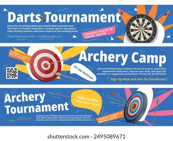 Darts tournament archery camp advertising banner design template set isometric vector illustration. Bullseye hitting sport game entertainment accuracy target goal dartboard arrow competition ad