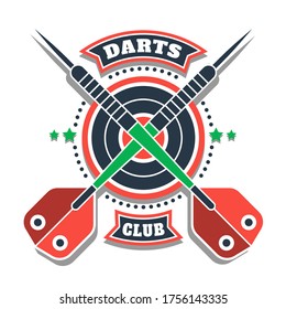 Darts tournament or club logo. Design element, business sign. Identity, label, badge. Darts sport emblem, symbol with crossed arrows. Vector illustration. Team or sport club emblem design concept