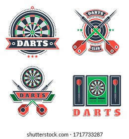 Darts tournament or club logo set. Design element, business sign. Identity, label, badge. Darts sport emblem, symbol with crossed arrows. Vector illustration. Team or sport club emblem design concept