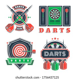 Darts tournament or club logo set. Design element, business sign. Identity, label, badge. Darts sport emblem, symbol with crossed arrows. Vector illustration. Team or sport club emblem design concept