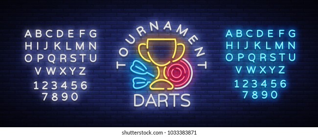 Darts Tournament neon sign. Vector illustration. Bright nightly Darts advertising, neon logo, symbol, lightweight banner, design template for your projects. Editing text neon sign
