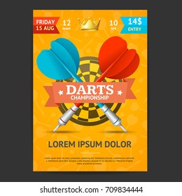 Darts Tournament Poster Card Template Realistic Target, Arrow Equipment Place for Text. Vector illustration of Competition