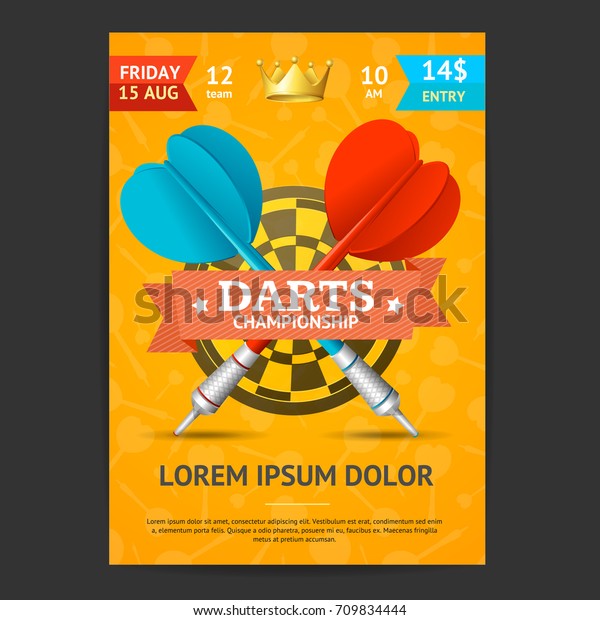 Darts\
Tournament Poster Card Template Realistic Target, Arrow Equipment\
Place for Text. Vector illustration of\
Competition
