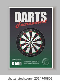 Cartaz do torneio de dardos. Dartboard e bullseye. Competição e torneio. Campeonato e liga. Passatempo e lazer, entretenimento. Ilustração de vetor plano isolada no plano de fundo cinza