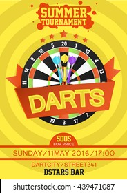 Darts Tournament Poster. Dartboard with dart in the center. Flat style. Vector Illustration.