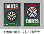 Darts tournament posters set. Dartboard with red darts. Active lifestyle and sports. Competition and tournament, league. Flat vector collection isolated on grey background