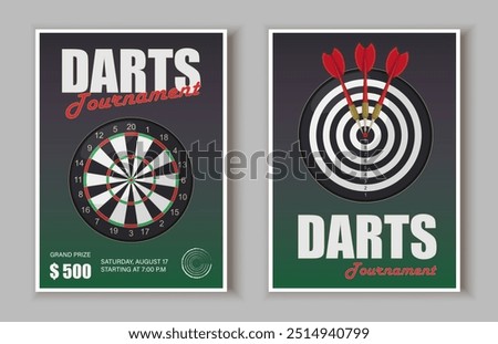 Darts tournament posters set. Dartboard with red darts. Active lifestyle and sports. Competition and tournament, league. Flat vector collection isolated on grey background