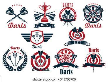 Darts tournament symbols and icons with dartboards, arrows and trophy bowls, decorated by crowned heraldic shield with wings, laurel wreath, ribbon banners and stars