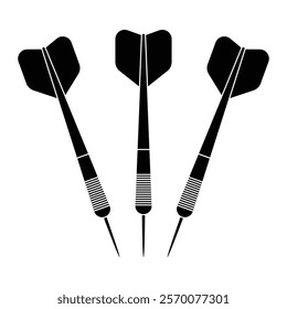 Darts vector icon. Three dart arrows for target games, accuracy, and sports design. Black silhouette isolated on white background.