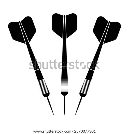 Darts vector icon. Three dart arrows for target games, accuracy, and sports design. Black silhouette isolated on white background.