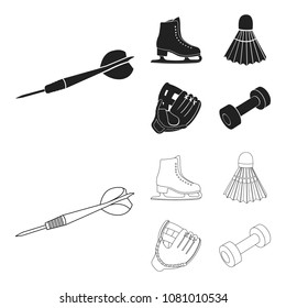 Darts darts, white skate skates, badminton shuttlecock, glove for the game.Sport set collection icons in black,outline style vector symbol stock illustration web.