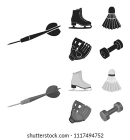 Darts darts, white skate skates, badminton shuttlecock, glove for the game.Sport set collection icons in black,monochrome style vector symbol stock illustration web.