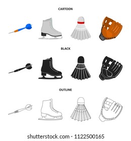 Darts darts, white skate skates, badminton shuttlecock, glove for the game.Sport set collection icons in cartoon,black,outline style vector symbol stock illustration web.