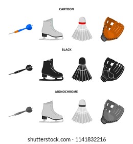Darts darts, white skate skates, badminton shuttlecock, glove for the game.Sport set collection icons in cartoon,black,monochrome style vector symbol stock illustration web.
