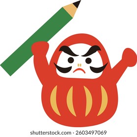A Daruma doll holding a pencil, encouraging success in exams.