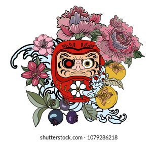 Daruma doll tattoo design.Japanese doll daruma with peony flower,persimmon,lotus and cherry blossom on wave background.