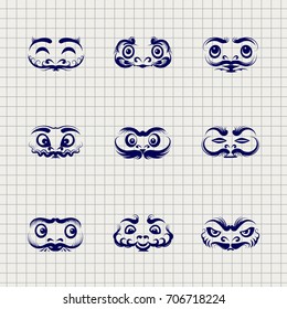 Daruma dolls emotional faces set on notebook background, vector illustration