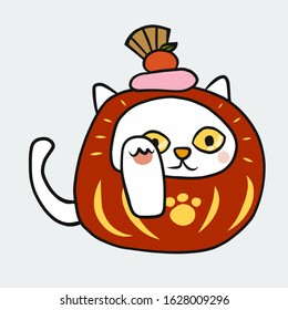 Daruma (Japanese lucky charm) mixing with Lucky cat cartoon vector illustration doodle style
