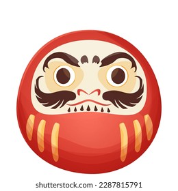 Daruma red traditional japan doll talisman with angry face, geld elements in cartoon style isolated on white background.