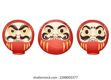 Daruma rojo muñeca japonesa tradicional talisman con cara furiosa, geld elementos en el estilo de caricatura aislado en fondo blanco.