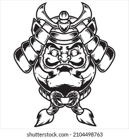 Daruma With Samurai Mask Japanese Shogun Warrior Helmet Black White Hand Drawn Vector Illustration