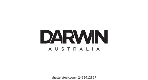 Darwin in the Australia emblem for print and web. Design features geometric style, vector illustration with bold typography in modern font. Graphic slogan lettering isolated on white background.