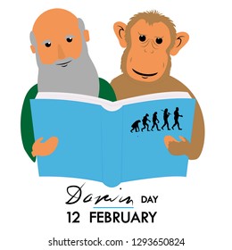 darwin and monkey reading book about evolution