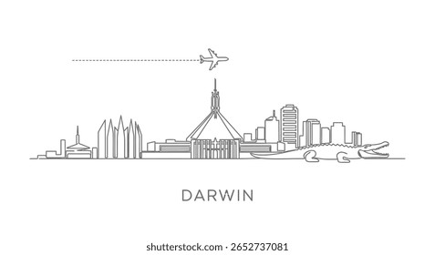 Darwin Skyline Line Art Crocodile with Plane.