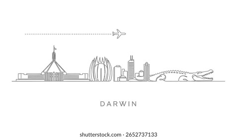 Darwin Skyline Outline Crocodile Airplane Minimal.