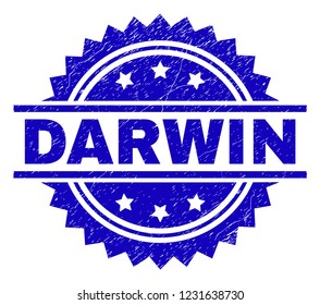 DARWIN stamp seal watermark with distress style. Blue vector rubber print of DARWIN title with dirty texture.