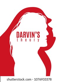 Darwin theory red white poster with profile silhouettes of primate and modern man vector illustration