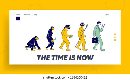 Darwin Theory Website Landing Page. Human Evolution of Monkey to Modern Business Man with Smartphone. Time Line Ape become Businessman Web Page Banner. Cartoon Flat Vector Illustration, Line Art