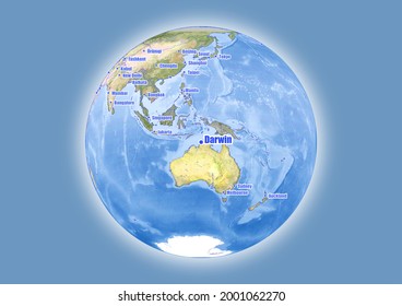 Darwin-Australia is shown on vector globe map. The map shows Darwin-Australia 's location in the world.