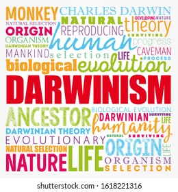 Darwinism - is a theory of biological evolution developed by the English naturalist Charles Darwin, word cloud education concept background