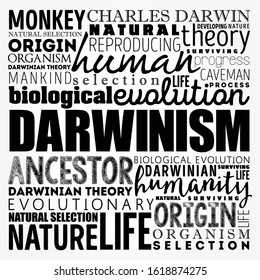 Darwinism - is a theory of biological evolution developed by the English naturalist Charles Darwin, word cloud education concept background