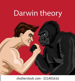 Darwin's theory. Man and monkey compete in armwrestling.