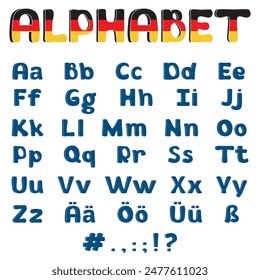 Das Alphabet. Deutsche ABC-Schriftart. Deutsch Buchstaben Poster isoliert auf weißem Hintergrund. Deutsche Flagge.