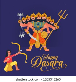Dasara illustration indian holiday Vijayadashami. Happy Dussehra writing. God Rama with bow, arrows. Dasara hindu festival. Good over evil victory