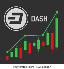 Dasg (DASH) cryptocurrency price up. Dash going up. Dash on the background of the chart. EPS10. illustration.